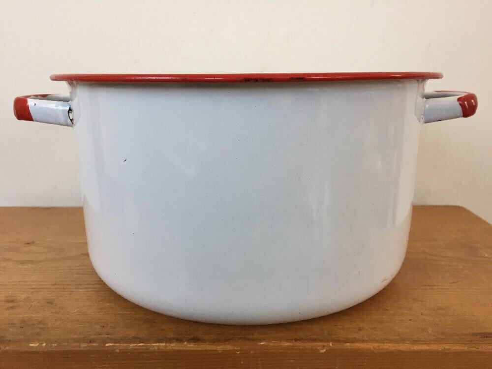 Vintage Antique White Red Enamelware Stock Soup Sauce Cooking Pot NO LID 9.5"